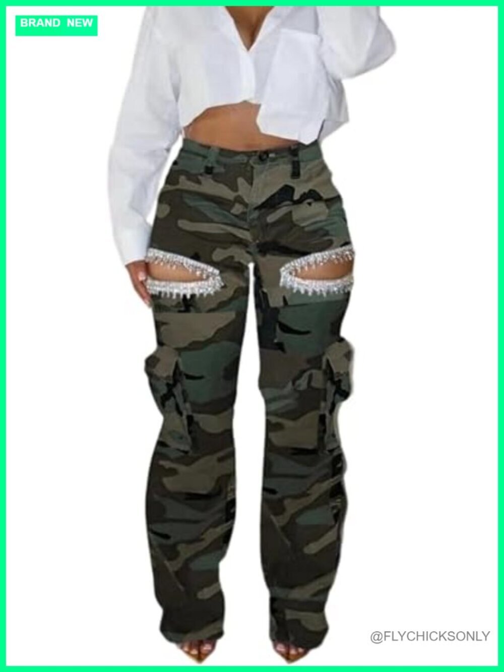 High Waisted Rhinestone Cargo Jeans Sparkly Cut Out Ripped Distressed Stretchy